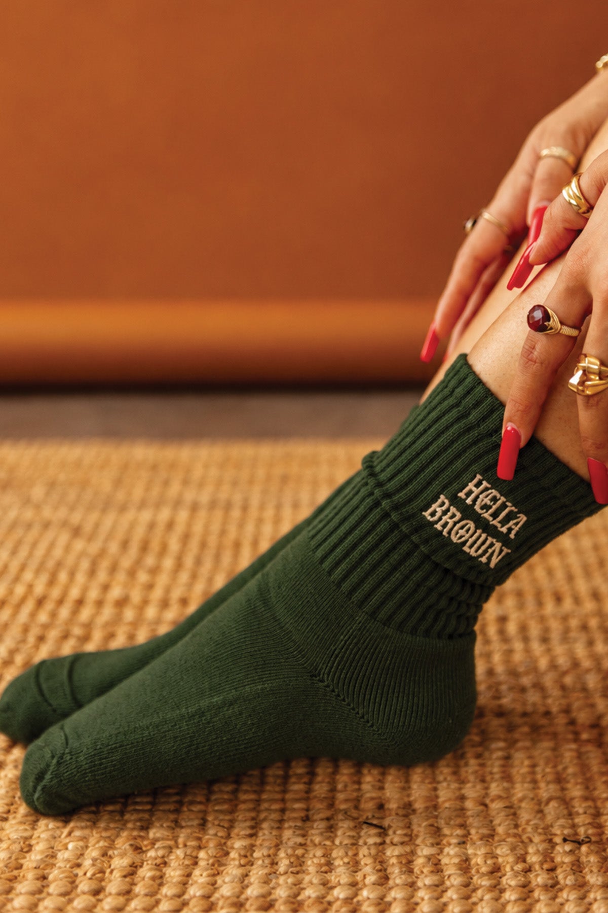 Hella Brown Embroidered Socks - Forest Green